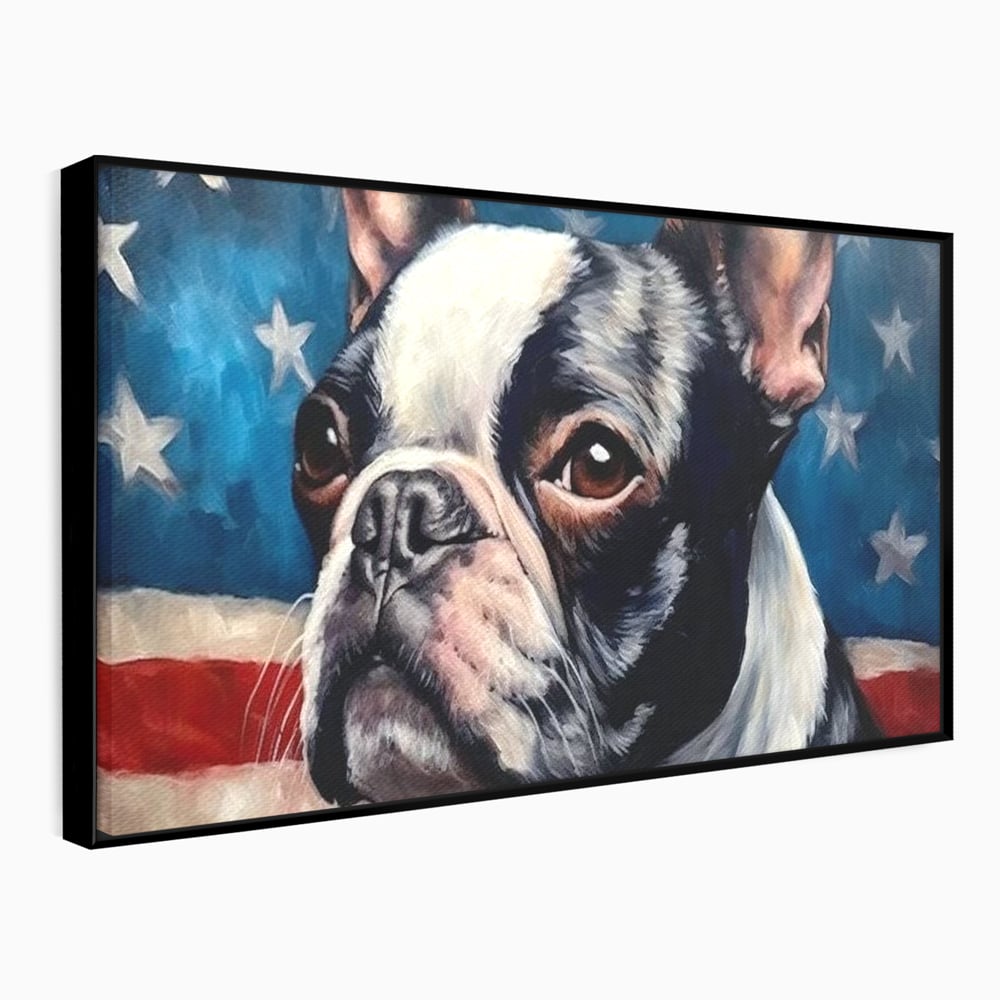 Tablou canvas cu tablou pictura caine boston terrier, in rama de aluminiu negru